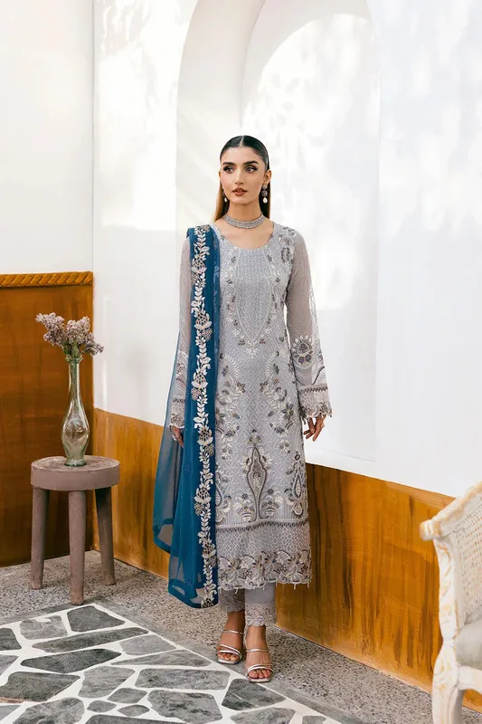 Ramsha Chevron Chiffon Collection Light Blue Gray Organza – view 1 – Poshaq