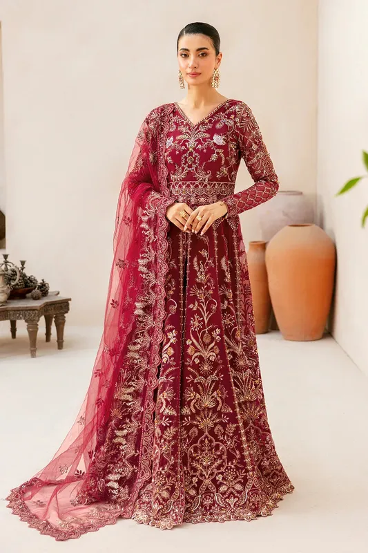 Ramsha Luxury Wedding Collection Wine Raw Silk – view 1 – Poshaq