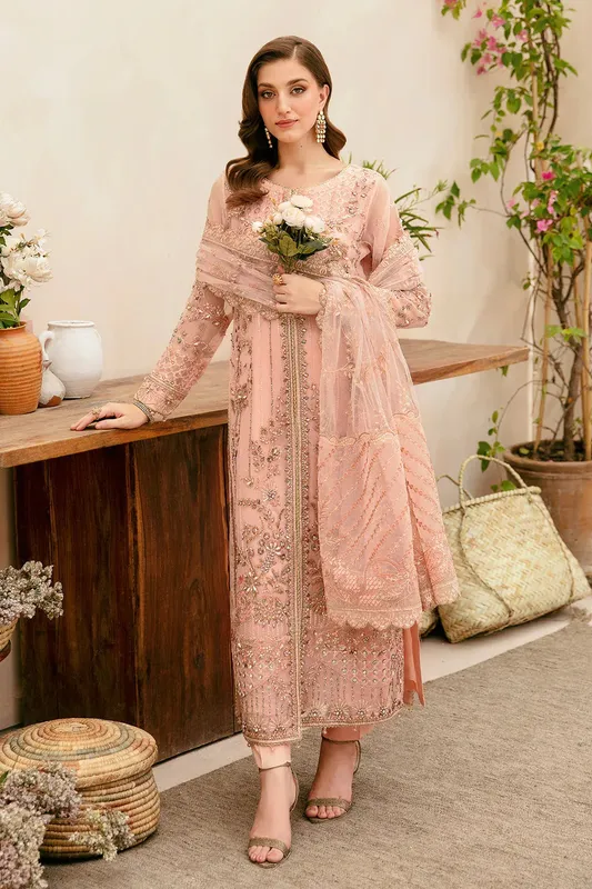 Ramsha Luxury Wedding Collection Peach Raw Silk – view 1 – Poshaq
