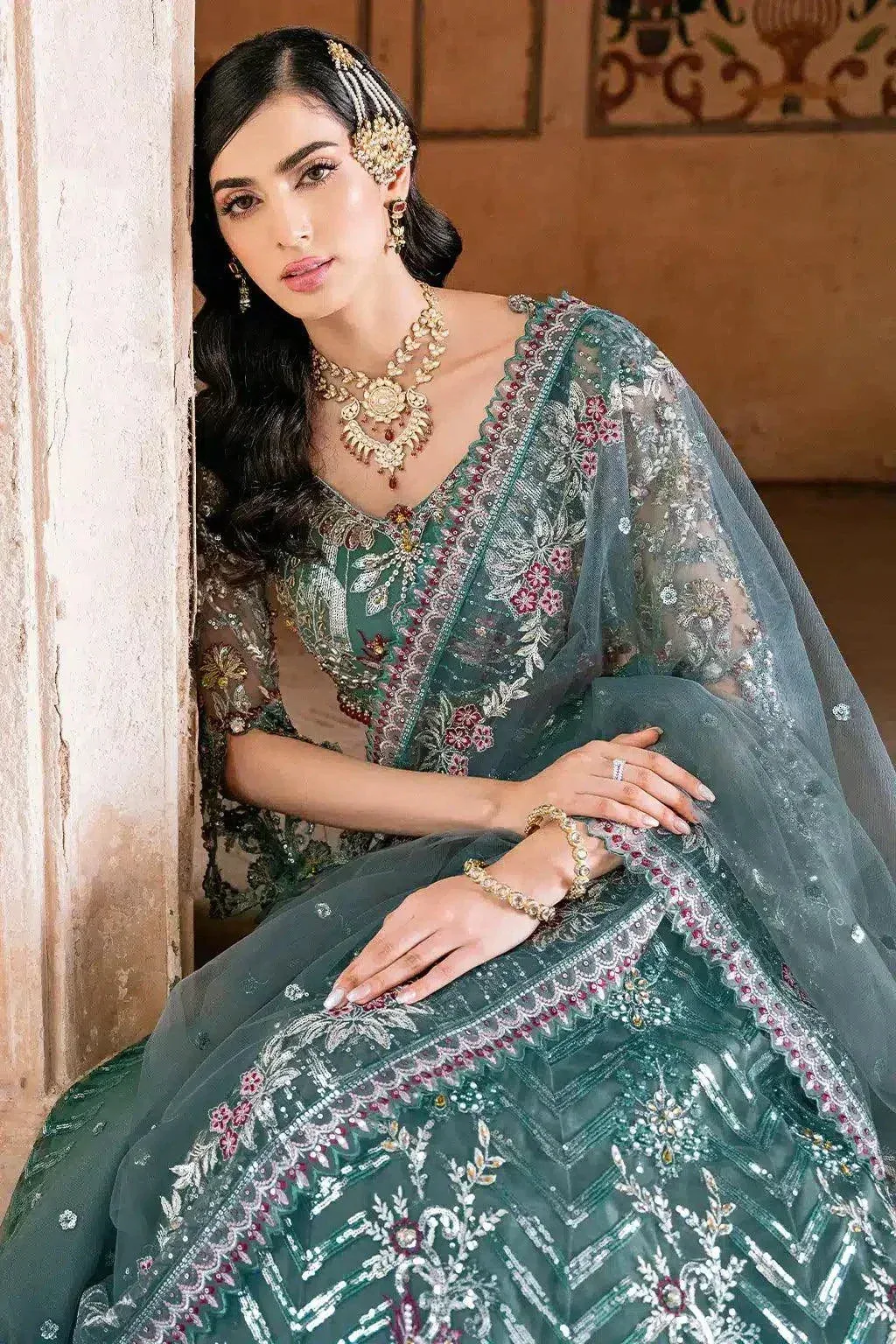 Ramsha Luxury Wedding Collection 23 Bottle Green Raw Silk – view 2 – Poshaq