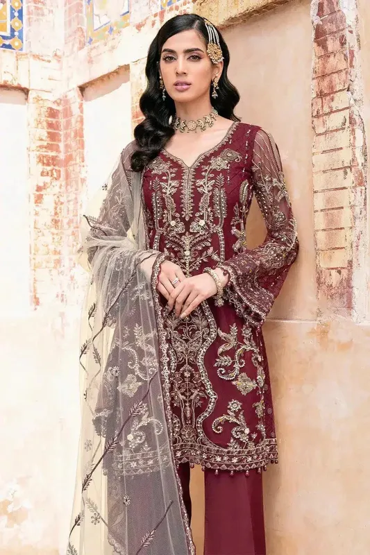 Ramsha Luxury Wedding Collection 23 Maroon Raw Silk – view 1 – Poshaq