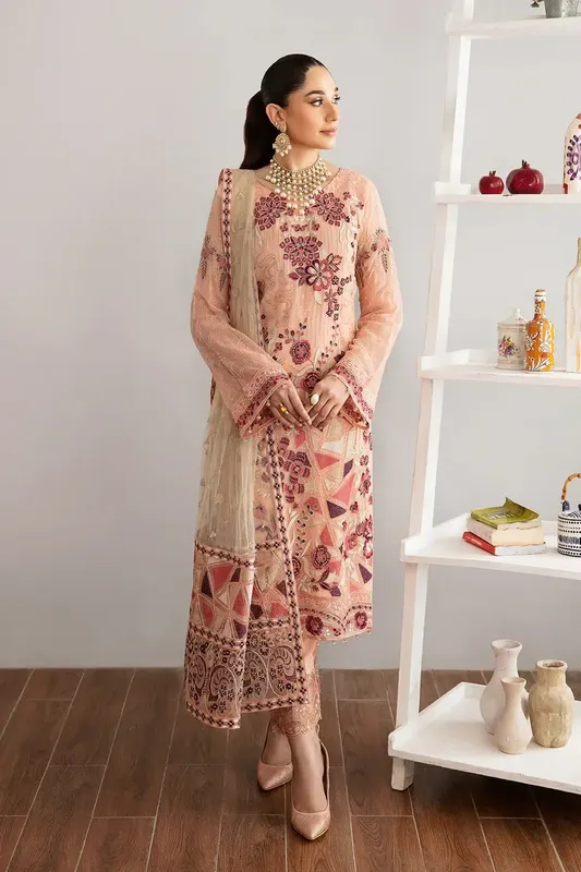 Ramsha Rangoon Chiffon Collection Peach Raw Silk – view 1 – Poshaq