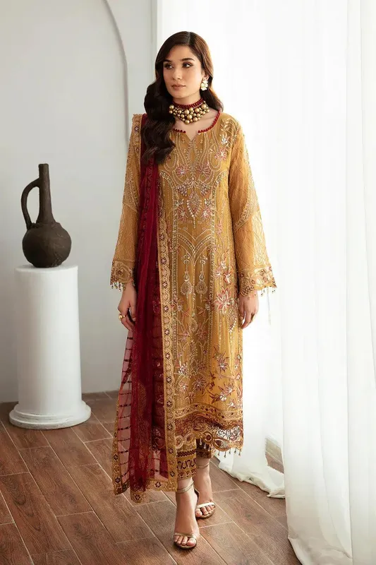 Ramsha Rangoon Chiffon Collection Mustard Raw Silk – view 1 – Poshaq