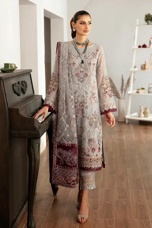 Ramsha Rangoon Chiffon Collection Grey Raw Silk – view 1 – Poshaq