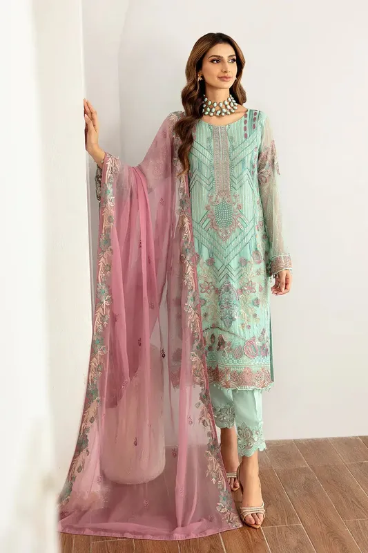 Ramsha Rangoon Chiffon Collection Sea Green Raw Silk – view 1 – Poshaq