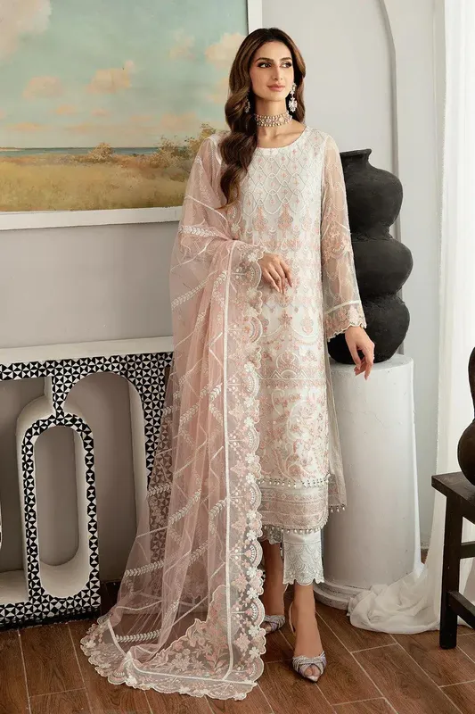 Ramsha Rangoon Chiffon Collection White Raw Silk – view 1 – Poshaq