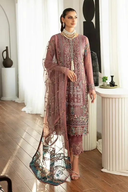 Ramsha Rangoon Chiffon Collection Plum Raw Silk – view 1 – Poshaq