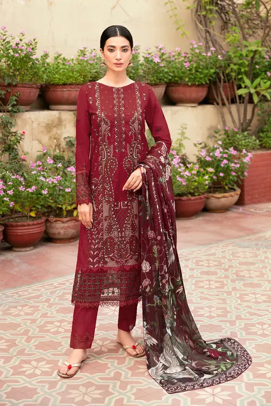 Ramsha Luxury Lawn 24 Maroon Chiffon – view 1 – Poshaq