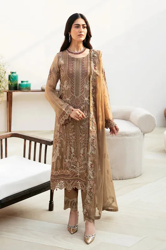 Ramsha Chevron Chiffon Collection Brown Raw Silk – view 1 – Poshaq