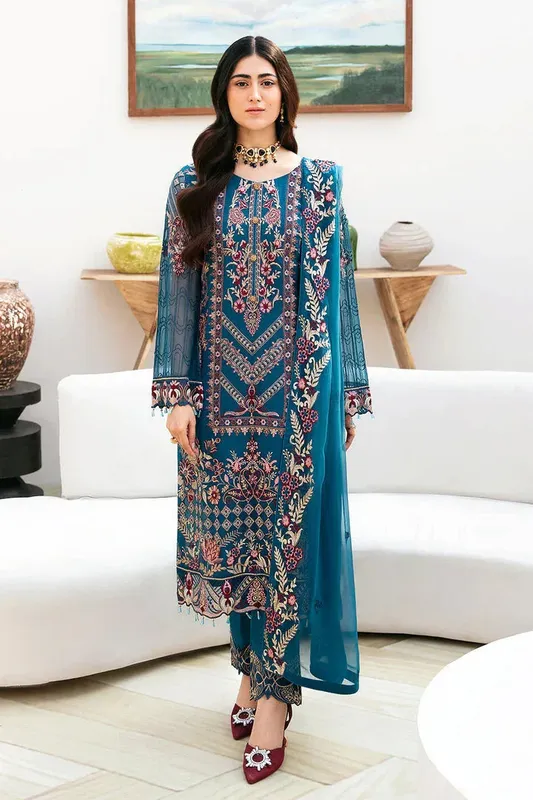 Ramsha Chevron Chiffon Collection Teal Raw Silk – view 1 – Poshaq