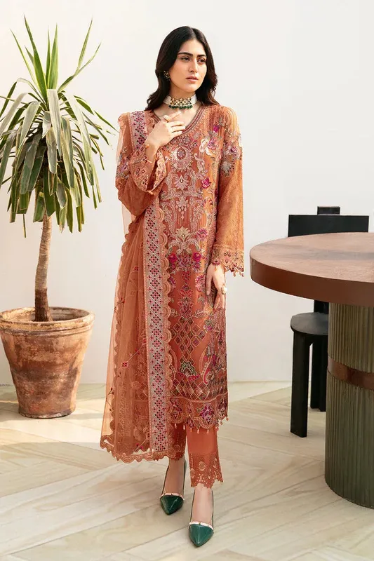 Ramsha Chevron Chiffon Collection Orange Raw Silk – view 1 – Poshaq