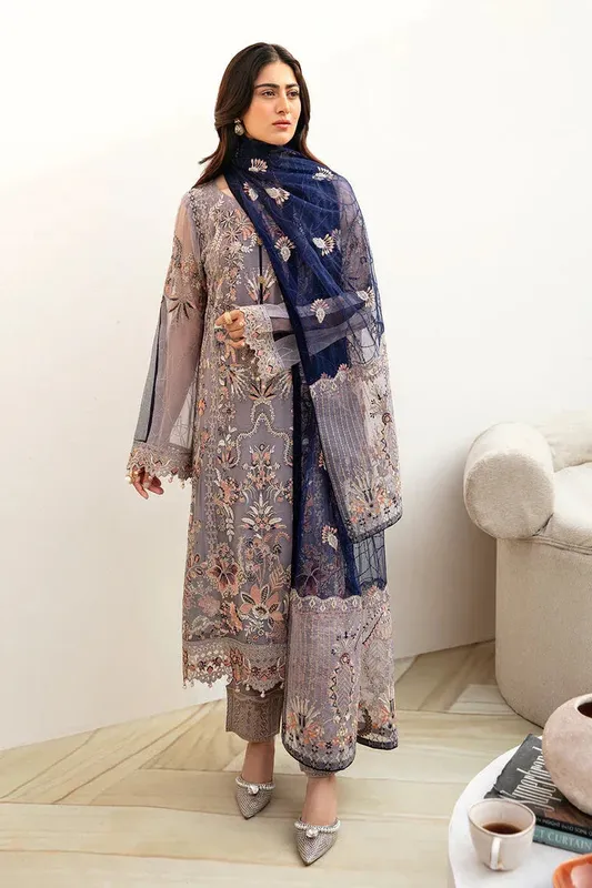 Ramsha Chevron Chiffon Collection Lavender Raw Silk – view 1 – Poshaq