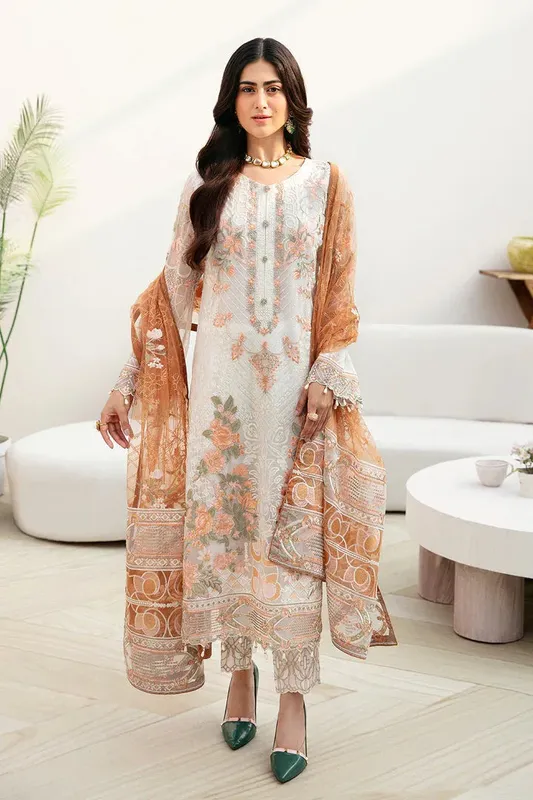 Ramsha Chevron Chiffon Collection White Raw Silk – view 1 – Poshaq
