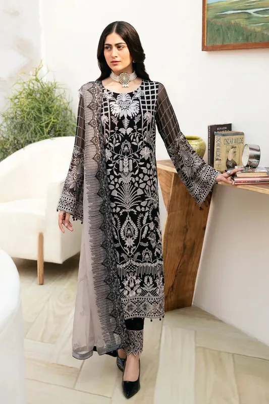 Ramsha Chevron Chiffon Collection Black Raw Silk – view 1 – Poshaq