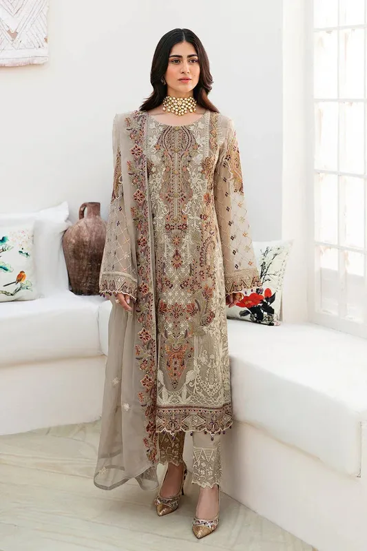 Ramsha Chevron Chiffon Collection Brown Raw Silk – view 1 – Poshaq