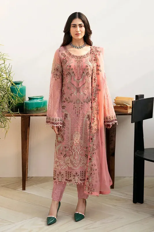 Ramsha Chevron Chiffon Collection Pink Raw Silk – view 1 – Poshaq