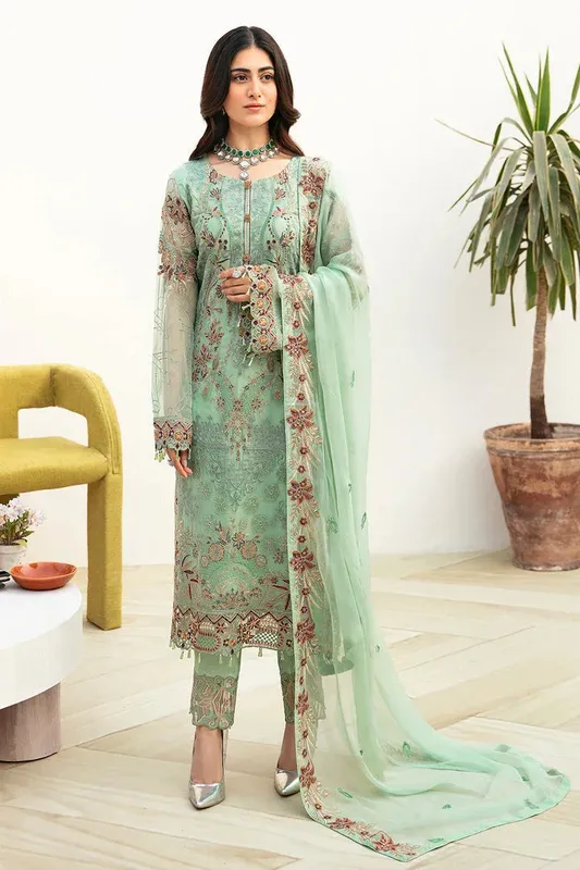 Ramsha Chevron Chiffon Collection Green Raw Silk – view 1 – Poshaq