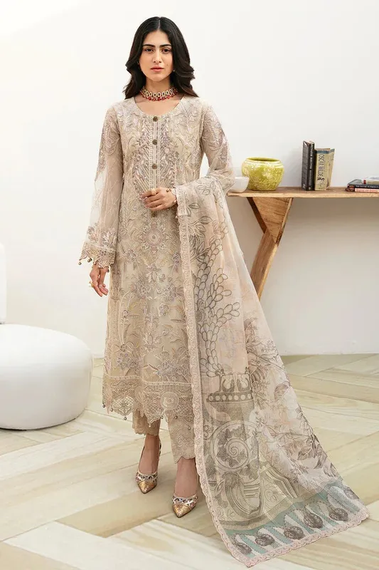 Ramsha Chevron Chiffon Collection Ivory Raw Silk – view 1 – Poshaq