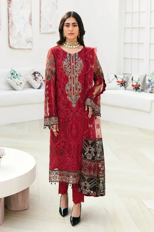 Ramsha Chevron Chiffon Collection Red Raw Silk – view 1 – Poshaq