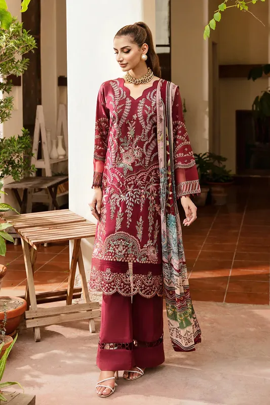Ramsha Riwayat Lawn Collection Maroon Chiffon – view 1 – Poshaq