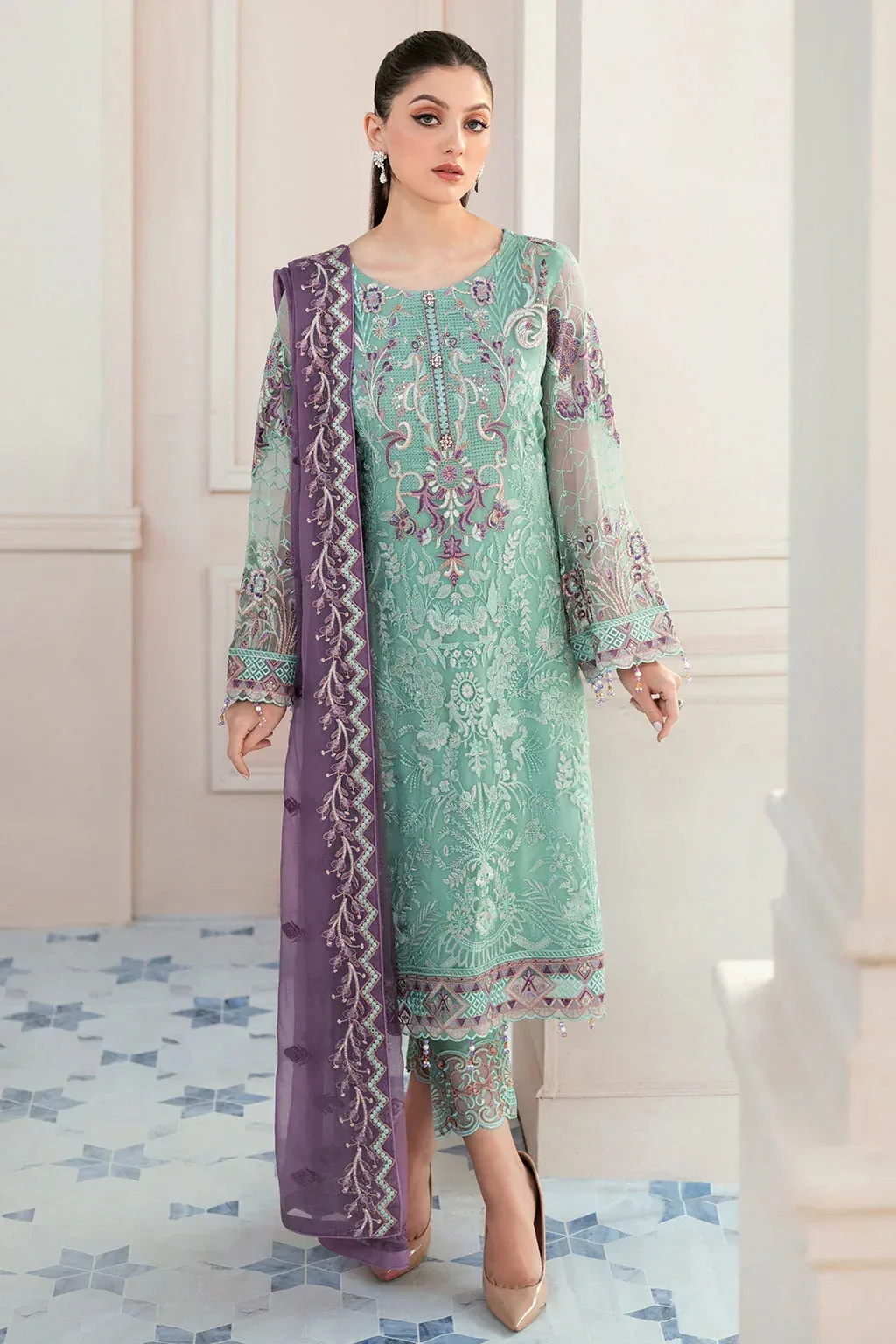 Sea‑glass chiffon formal suit with raw silk trousers and organza sleeves – view 1 – Poshaq