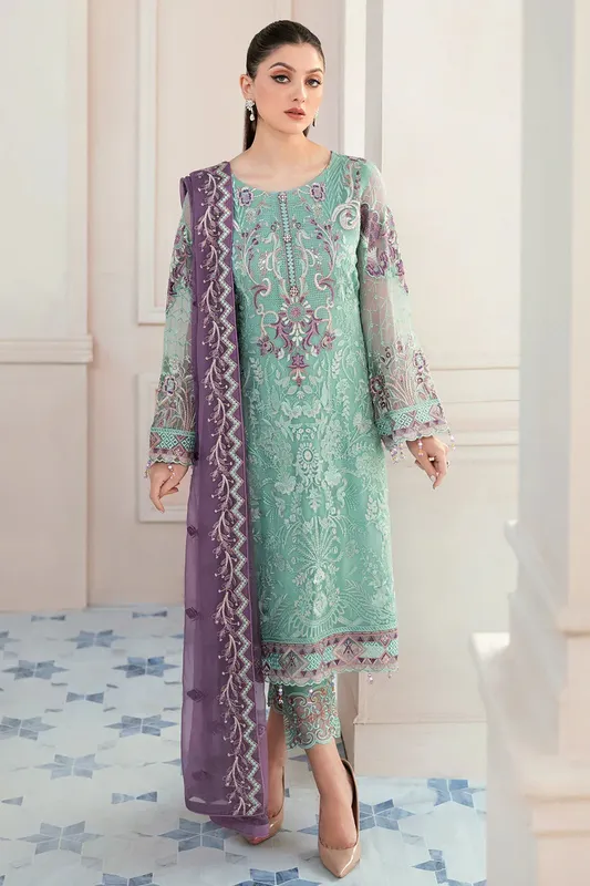 Sea‑glass chiffon formal suit with raw silk trousers and organza sleeves – view 1 – Poshaq