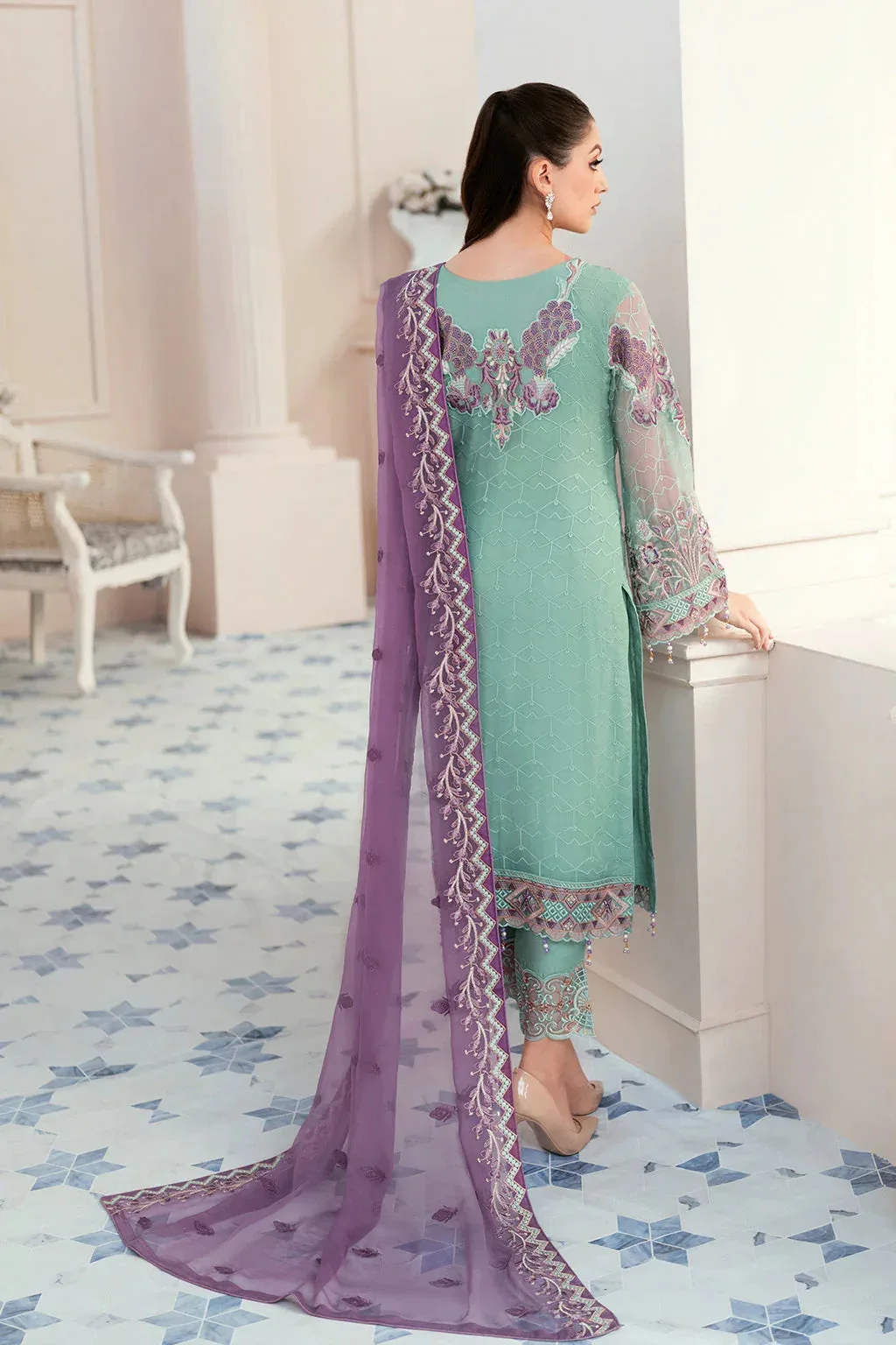 Sea‑glass chiffon formal suit with raw silk trousers and organza sleeves – view 2 – Poshaq