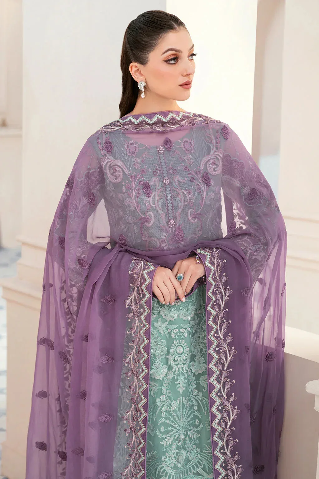 Sea‑glass chiffon formal suit with raw silk trousers and organza sleeves – view 3 – Poshaq