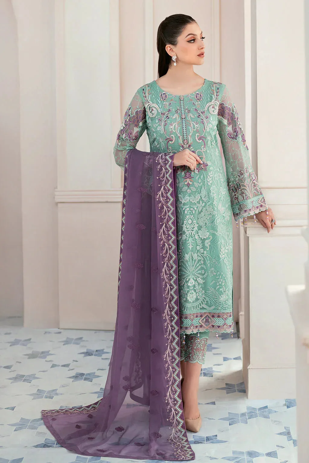 Sea‑glass chiffon formal suit with raw silk trousers and organza sleeves – view 4 – Poshaq