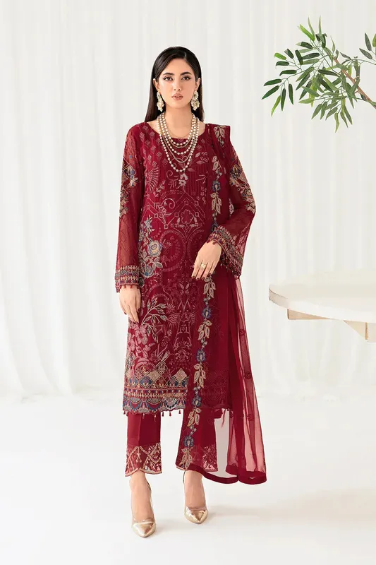 Ramsha Rangoon Chiffon Collection 24 Maroon Raw Silk – view 1 – Poshaq