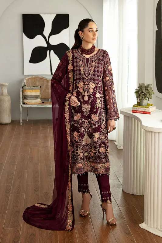 Ramsha Rangoon Chiffon Collection 24 Wine Raw Silk – view 1 – Poshaq