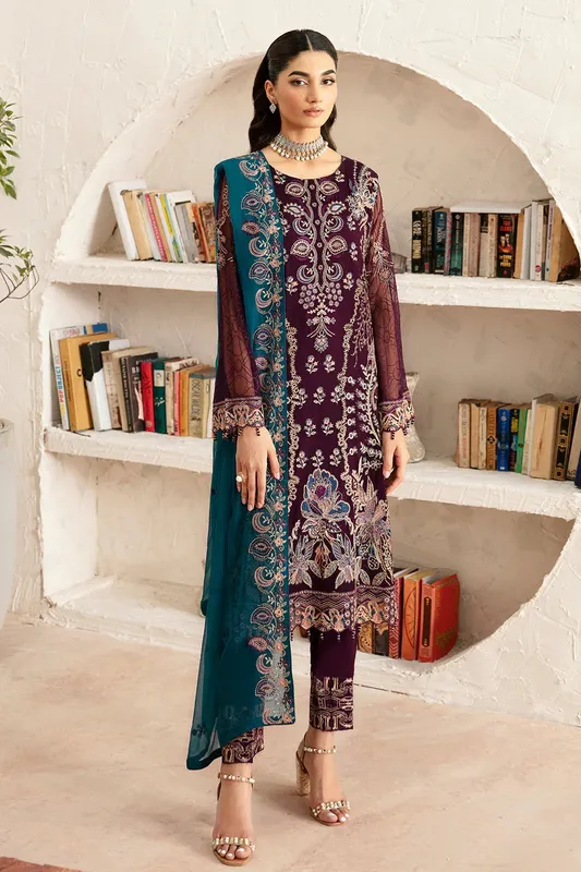 Ramsha Rangoon Chiffon Collection 24 Wine Raw Silk – view 1 – Poshaq