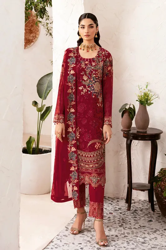 Ramsha Rangoon Chiffon Collection 24 Maroon Raw Silk – view 1 – Poshaq