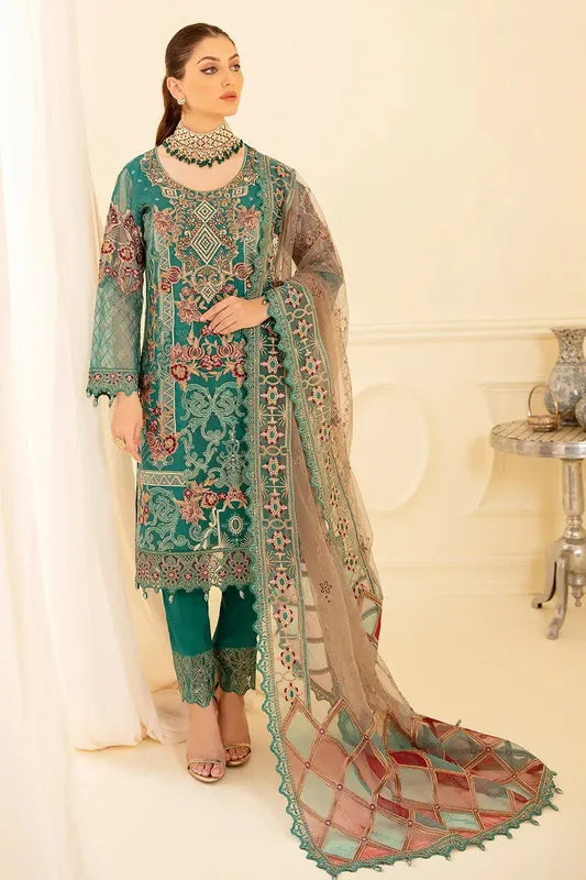 Ramsha Minhal Organza Collection Green Raw Silk – view 1 – Poshaq