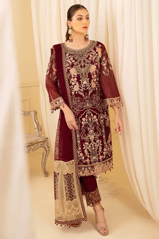 Ramsha Minhal Organza Collection Maroon Organza – view 1 – Poshaq