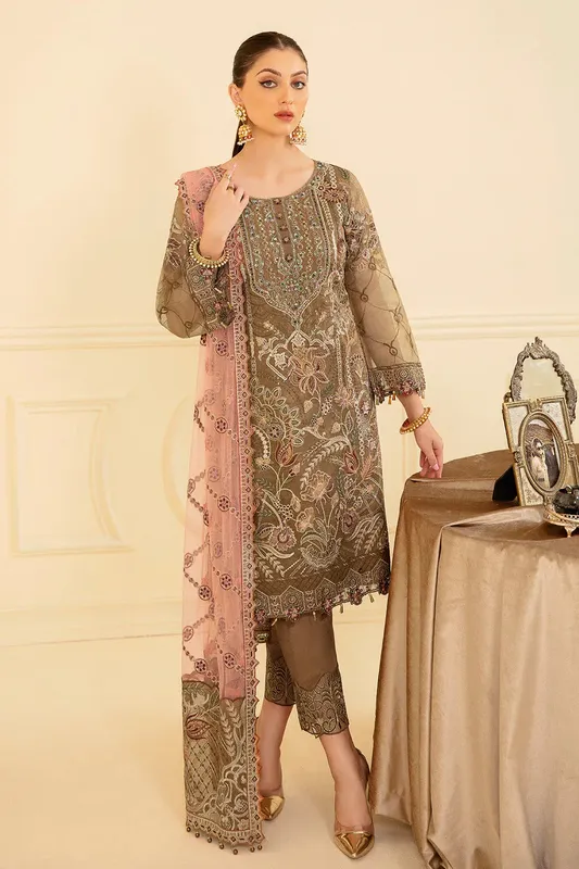 Ramsha Minhal Organza Collection Brown Raw Silk – view 1 – Poshaq