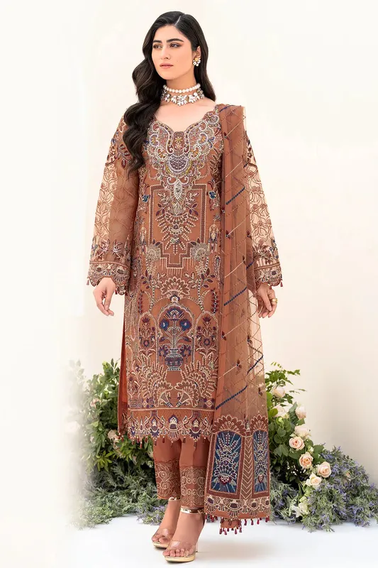 Ramsha Minhal Organza Collection Brown Raw Silk – view 1 – Poshaq