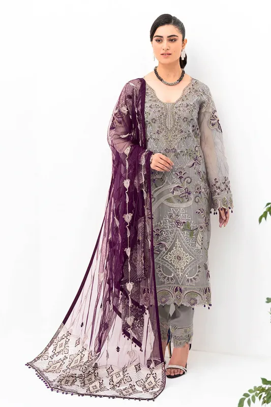 Ramsha Minhal Organza Collection Grey Raw Silk – view 1 – Poshaq