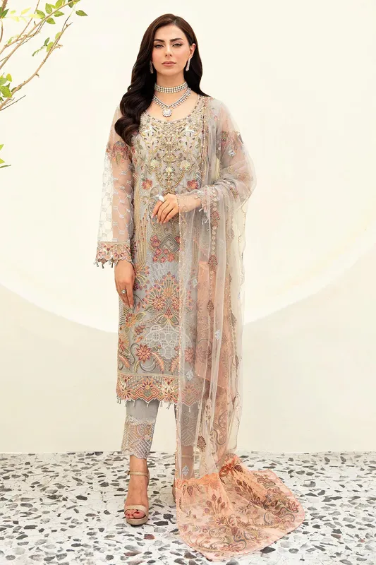 Ramsha Minhal Organza Collection Grey Raw Silk – view 1 – Poshaq
