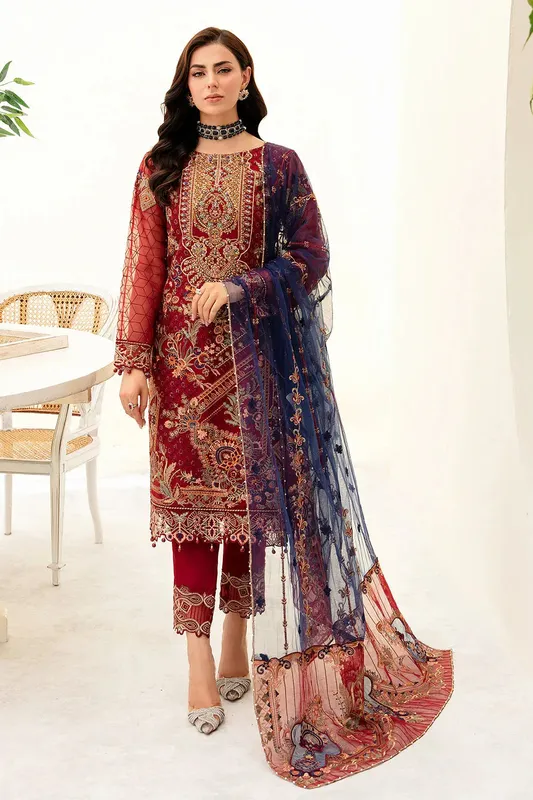 Ramsha Minhal Organza Collection Maroon Raw Silk – view 1 – Poshaq