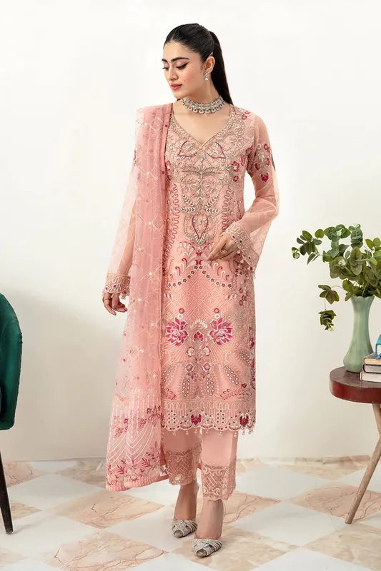 Ramsha Minhal Organza Collection Peach Raw Silk – view 1 – Poshaq