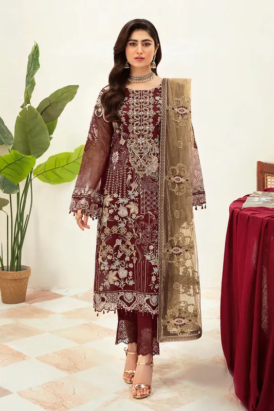 Ramsha Minhal Organza Collection Maroon Raw Silk – view 1 – Poshaq