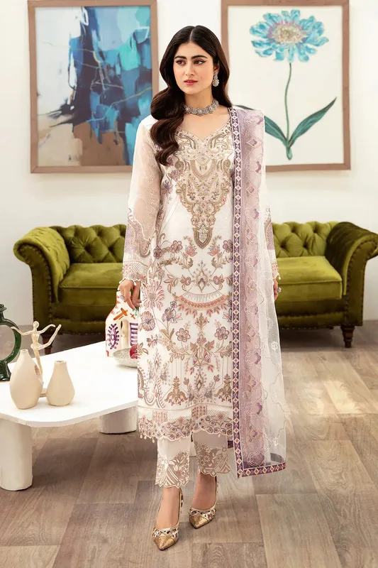 Ramsha Minhal Organza Collection White Raw Silk – view 1 – Poshaq