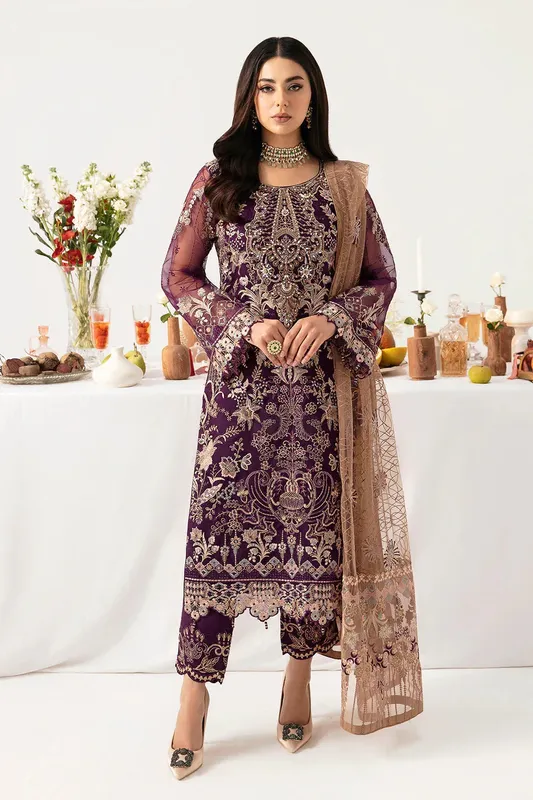 Ramsha Minhal Organza Collection Purple Raw Silk – view 1 – Poshaq