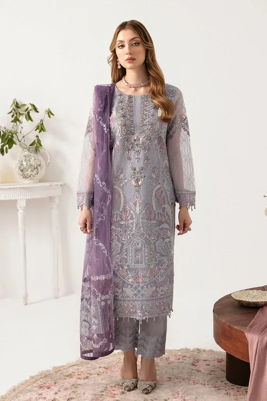 Ramsha Minhal Organza Collection Grey Raw Silk – view 1 – Poshaq
