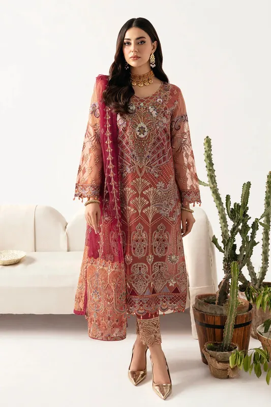 Ramsha Minhal Organza Collection Orange Raw Silk – view 1 – Poshaq