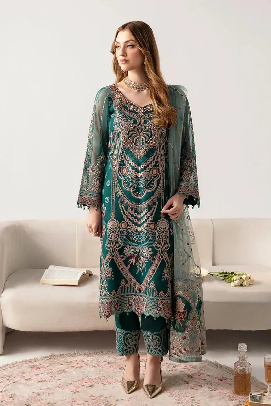 Ramsha Minhal Organza Collection Green Raw Silk – view 1 – Poshaq