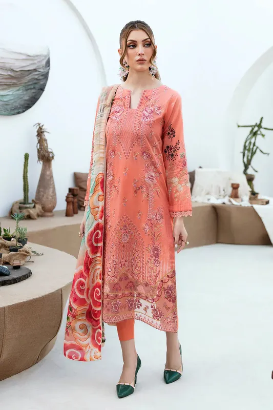 Ramsha Ghazal Lawn 24 Peach Organza – view 1 – Poshaq