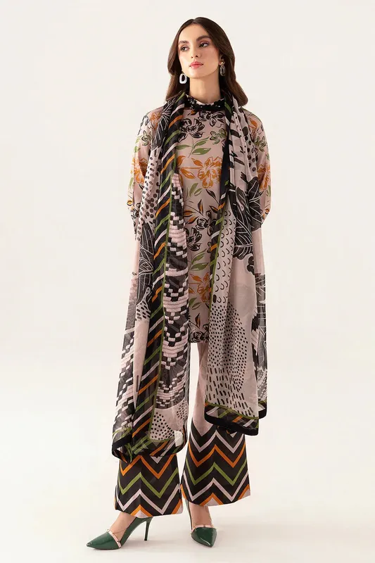 Ramsha Pinted Lawn Grey Chiffon – view 1 – Poshaq