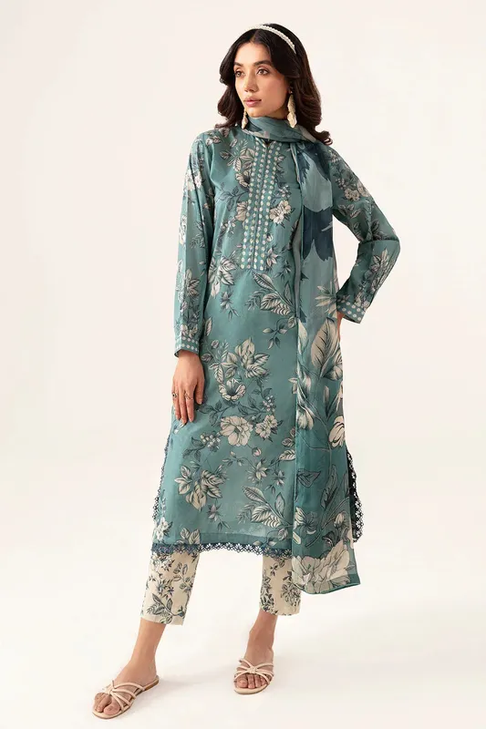 Ramsha Pinted Lawn Teal Chiffon – view 1 – Poshaq